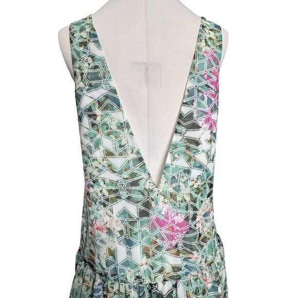 LOVERS + FRIENDS Deep Vee Back Geometric Mini Dress‎ XS Green Multi Silky Sexy - Picture 3 of 15